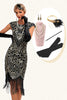 Laden Sie das Bild in den Galerie-Viewer, Glitzerndes Fransenkleid Schwarzes goldenes Flapper Kleid mit Accessoires