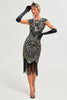 Laden Sie das Bild in den Galerie-Viewer, Glitzerndes Fransenkleid Schwarzes goldenes Flapper Kleid mit Accessoires