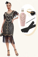 Laden Sie das Bild in den Galerie-Viewer, Schwarzes goldenes Gatsby Kleid mit Kalte Schulter Fransen aus den 1920er Jahren und 20er Jahre Accessoires