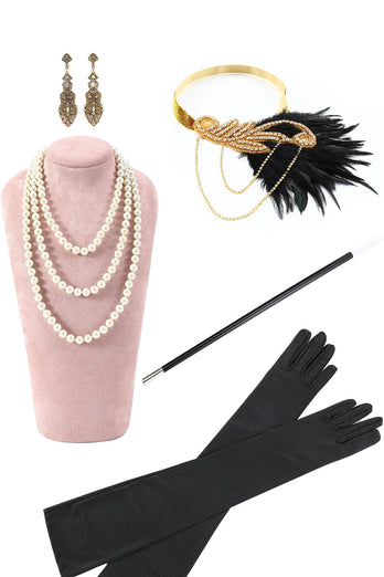 Schwarzes goldenes Gatsby Kleid mit Kalte Schulter Fransen aus den 1920er Jahren und 20er Jahre Accessoires