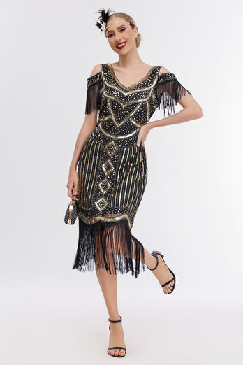Schwarzes goldenes Gatsby Kleid mit Kalte Schulter Fransen aus den 1920er Jahren und 20er Jahre Accessoires