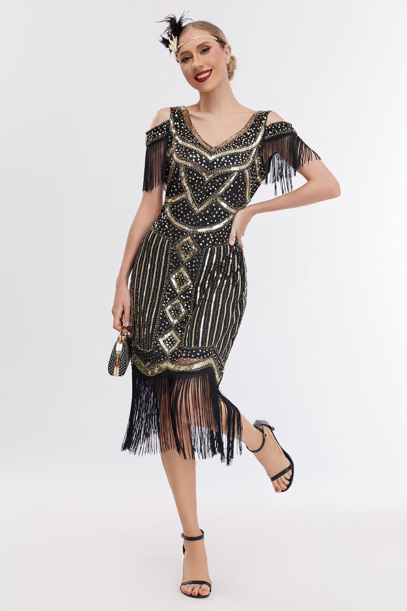 Laden Sie das Bild in den Galerie-Viewer, Schwarzes goldenes Gatsby Kleid mit Kalte Schulter Fransen aus den 1920er Jahren und 20er Jahre Accessoires