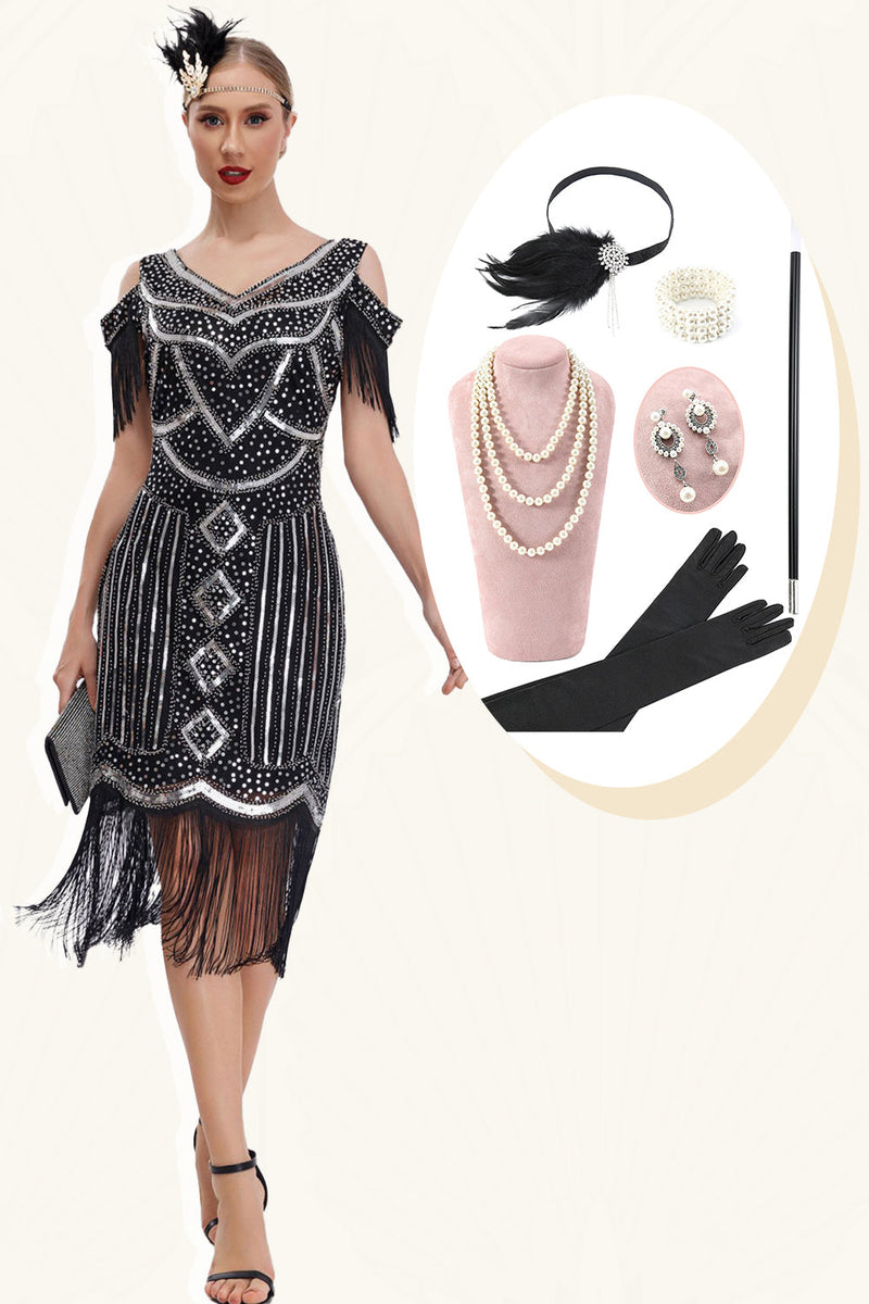 Laden Sie das Bild in den Galerie-Viewer, Schwarzes goldenes kalten Schulter Gatsby Kleid mit fransen und Accessoires aus den 20er Jahren