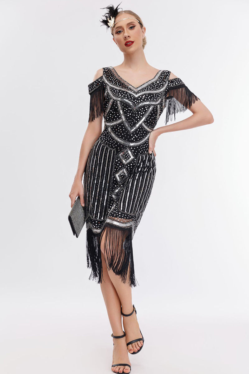 Laden Sie das Bild in den Galerie-Viewer, Schwarzes goldenes kalten Schulter Gatsby Kleid mit fransen und Accessoires aus den 20er Jahren