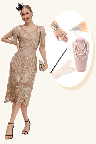 Champagner Kalte Schulter Fransen Gatsby Kleid aus den 1920er Jahren mit 20er Jahre Accessoires