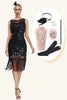 Laden Sie das Bild in den Galerie-Viewer, Glitzerndes schwarzes Gatsby Kleid mit Fransen und Accessoires aus den 20er Jahren