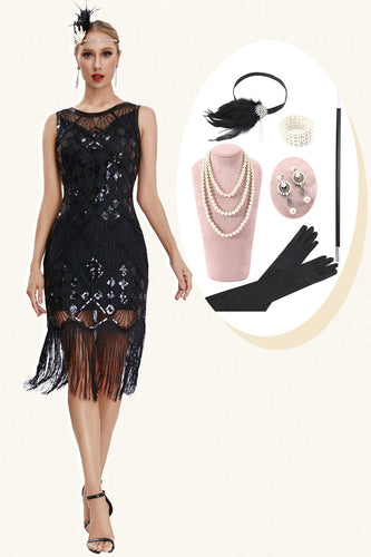 Glitzerndes schwarzes Gatsby Kleid mit Fransen und Accessoires aus den 20er Jahren