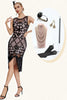 Laden Sie das Bild in den Galerie-Viewer, Glitzerndes schwarzes Gatsby Kleid mit Fransen aus den 1920er Jahren und Accessoires aus den 20er Jahren