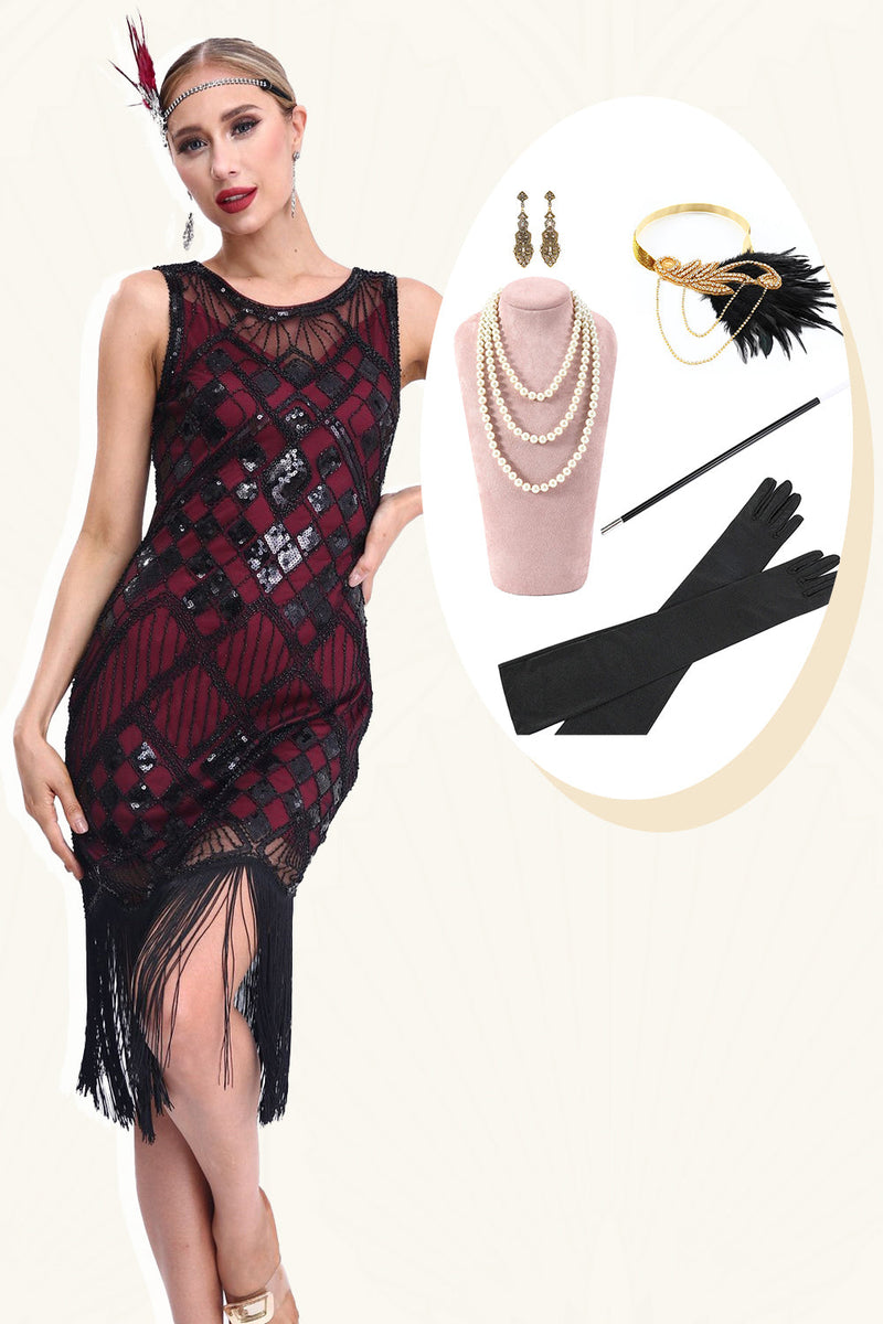 Laden Sie das Bild in den Galerie-Viewer, Glitzerndes schwarz rotes Gatsby Kleid mit Fransen aus den 1920er Jahren und Accessoires aus den 20er Jahren