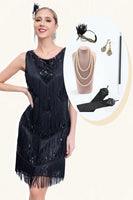 Laden Sie das Bild in den Galerie-Viewer, Schwarzes Gatsby Kleid mit Fransen aus den 1920er Jahren mit Pailletten und Accessoires aus den 20er Jahren