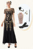Laden Sie das Bild in den Galerie-Viewer, Schwarzes goldenes Pailletten Kleid mit kurzen Ärmeln aus den 1920er Jahren und 20er Jahre Accessoires