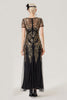 Laden Sie das Bild in den Galerie-Viewer, Schwarzes goldenes Pailletten Kleid mit kurzen Ärmeln aus den 1920er Jahren und 20er Jahre Accessoires