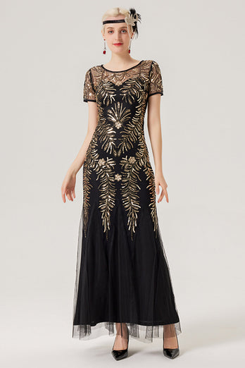 Schwarzes goldenes Pailletten Kleid mit kurzen Ärmeln aus den 1920er Jahren und 20er Jahre Accessoires