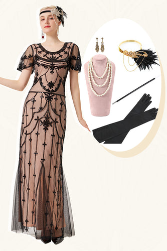Schwarzes Blush Pailletten langes Kleid aus den 1920er Jahren mit 20er Jahre Accessoires
