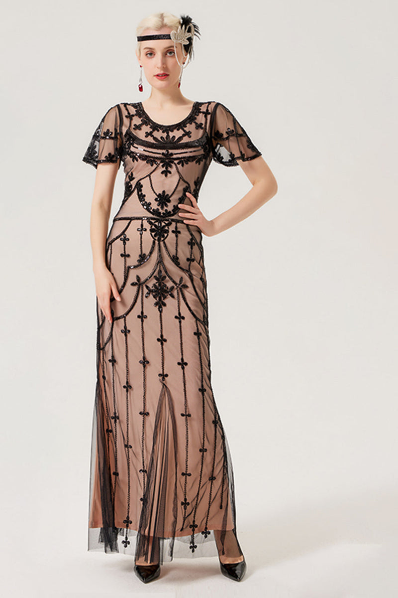 Laden Sie das Bild in den Galerie-Viewer, Schwarzes Blush Pailletten langes Kleid aus den 1920er Jahren mit 20er Jahre Accessoires
