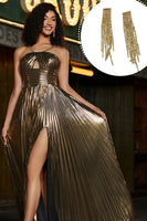 Laden Sie das Bild in den Galerie-Viewer, Glitzer Goldenes Spaghettiträger Abendkleid mit Plissee und Accessoires in A-Linie