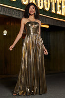Laden Sie das Bild in den Galerie-Viewer, Glitzer Goldenes Spaghettiträger Abendkleid mit Plissee und Accessoires in A-Linie