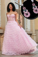 Laden Sie das Bild in den Galerie-Viewer, Langes A-Linie Trägerloses Rosa Ballkleid mit Accessoires