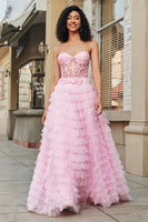 Laden Sie das Bild in den Galerie-Viewer, Langes A-Linie Trägerloses Rosa Ballkleid mit Accessoires