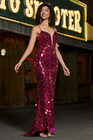 Laden Sie das Bild in den Galerie-Viewer, Glitzernde Meerjungfrau Spaghettiträger Fuchsia Pailletten langes Ballkleid mit Accessoires Set
