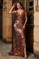 Laden Sie das Bild in den Galerie-Viewer, Glitzernde Meerjungfrauen Spaghettiträger Goldenes Paillettenkleid mit Schlitz Langes Ballkleid mit Accessoires Set