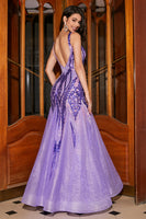 Laden Sie das Bild in den Galerie-Viewer, Glitzerndes lila Meerjungfrauen langes Ballkleid mit Accessoire