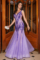 Laden Sie das Bild in den Galerie-Viewer, Glitzerndes lila Meerjungfrauen langes Ballkleid mit Accessoire