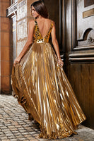 Laden Sie das Bild in den Galerie-Viewer, Atemberaubendes A-Linie Goldenes langes Ballkleid mit V-Ausschnitt und Accessoire