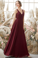 Laden Sie das Bild in den Galerie-Viewer, Burgundy V-Ausschnitt Chiffon Brautjungfernkleid