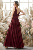 Laden Sie das Bild in den Galerie-Viewer, Burgundy V-Ausschnitt Chiffon Brautjungfernkleid