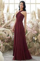 Laden Sie das Bild in den Galerie-Viewer, Burgundy Neckholder Chiffon Brautjungfernkleid