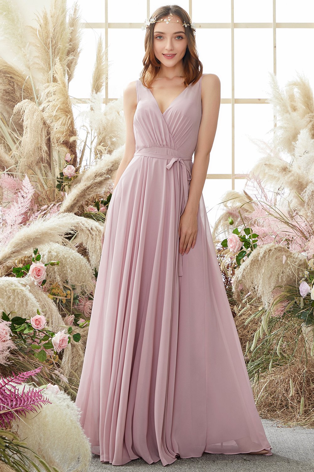 Blush V-Ausschnitt Langes Chiffon Brautjungfernkleid