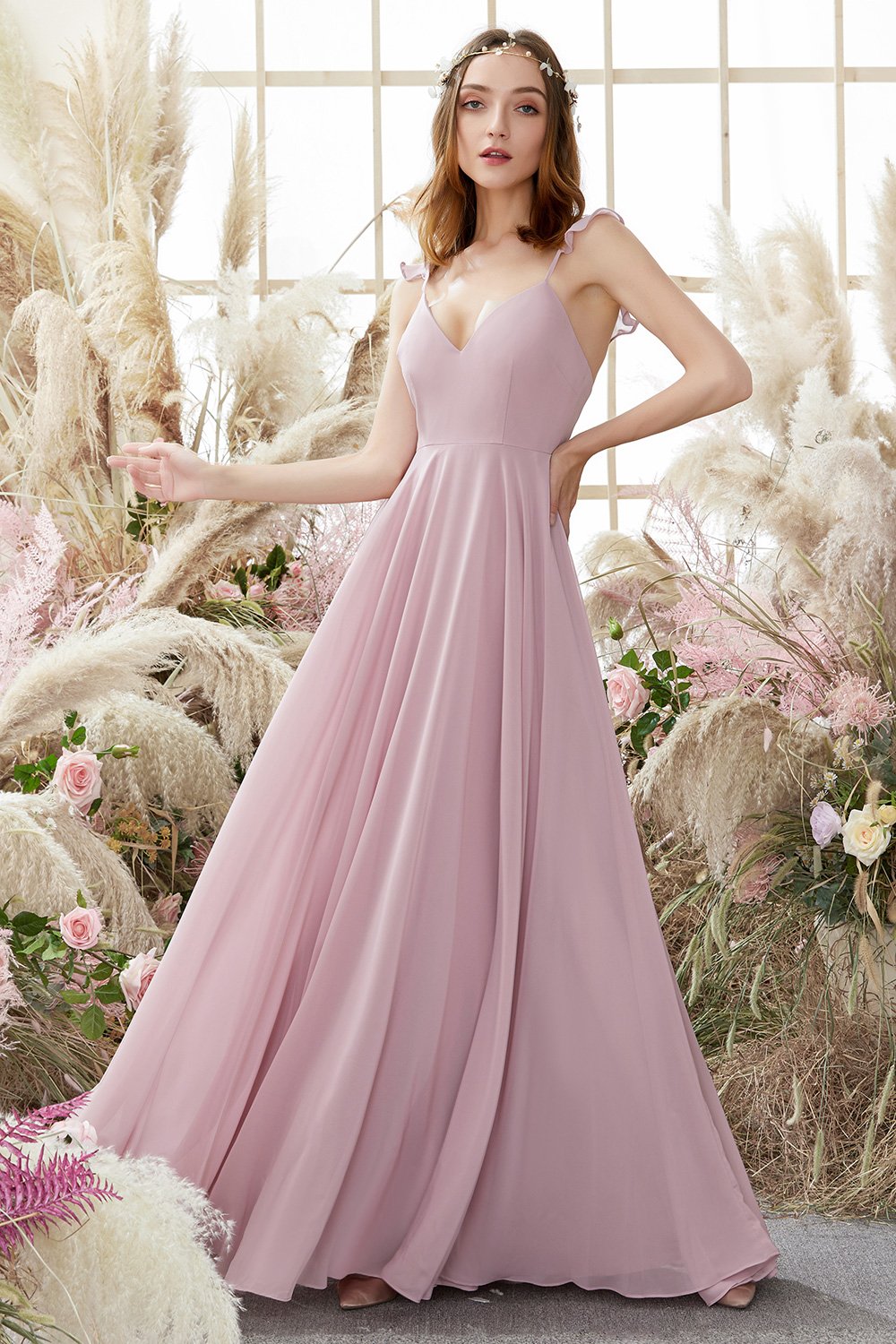 Blush Spaghettiträger Chiffon Brautjungfernkleid