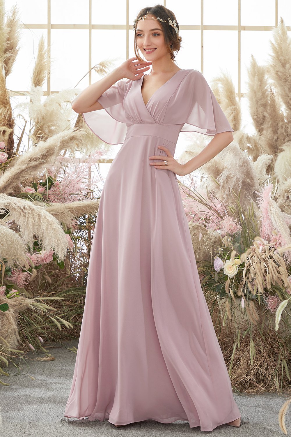 Blush Batwing Ärmel Chiffon Brautjungfernkleid