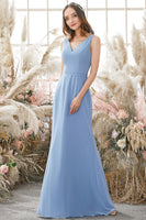 Laden Sie das Bild in den Galerie-Viewer, Blaues V-Ausschnitt Chiffon Brautjungfernkleid