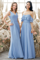 Laden Sie das Bild in den Galerie-Viewer, Blaues V-Ausschnitt Chiffon Brautjungfernkleid