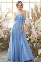 Laden Sie das Bild in den Galerie-Viewer, Schulterfrei Blau Chiffon Brautjungfernkleid