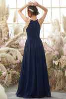 Laden Sie das Bild in den Galerie-Viewer, Marine Neckholder Chiffon Brautjungfernkleid