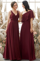 Laden Sie das Bild in den Galerie-Viewer, Eine Schulter Burgundy Chiffon Brautjungfernkleid