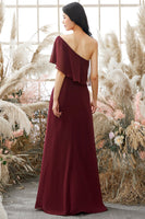 Laden Sie das Bild in den Galerie-Viewer, Eine Schulter Burgundy Chiffon Brautjungfernkleid