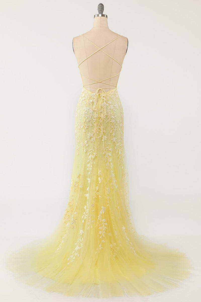 Laden Sie das Bild in den Galerie-Viewer, Gelbe Meerjungfrau Long Prom Kleid mit Applikationen