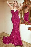Laden Sie das Bild in den Galerie-Viewer, Meerjungfrau Schatz Fuchsia Pailletten Langes Ballkleid mit Sweep Train