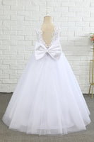 Laden Sie das Bild in den Galerie-Viewer, Weißes ärmelloses Blumenmädchenkleid mit Schleife