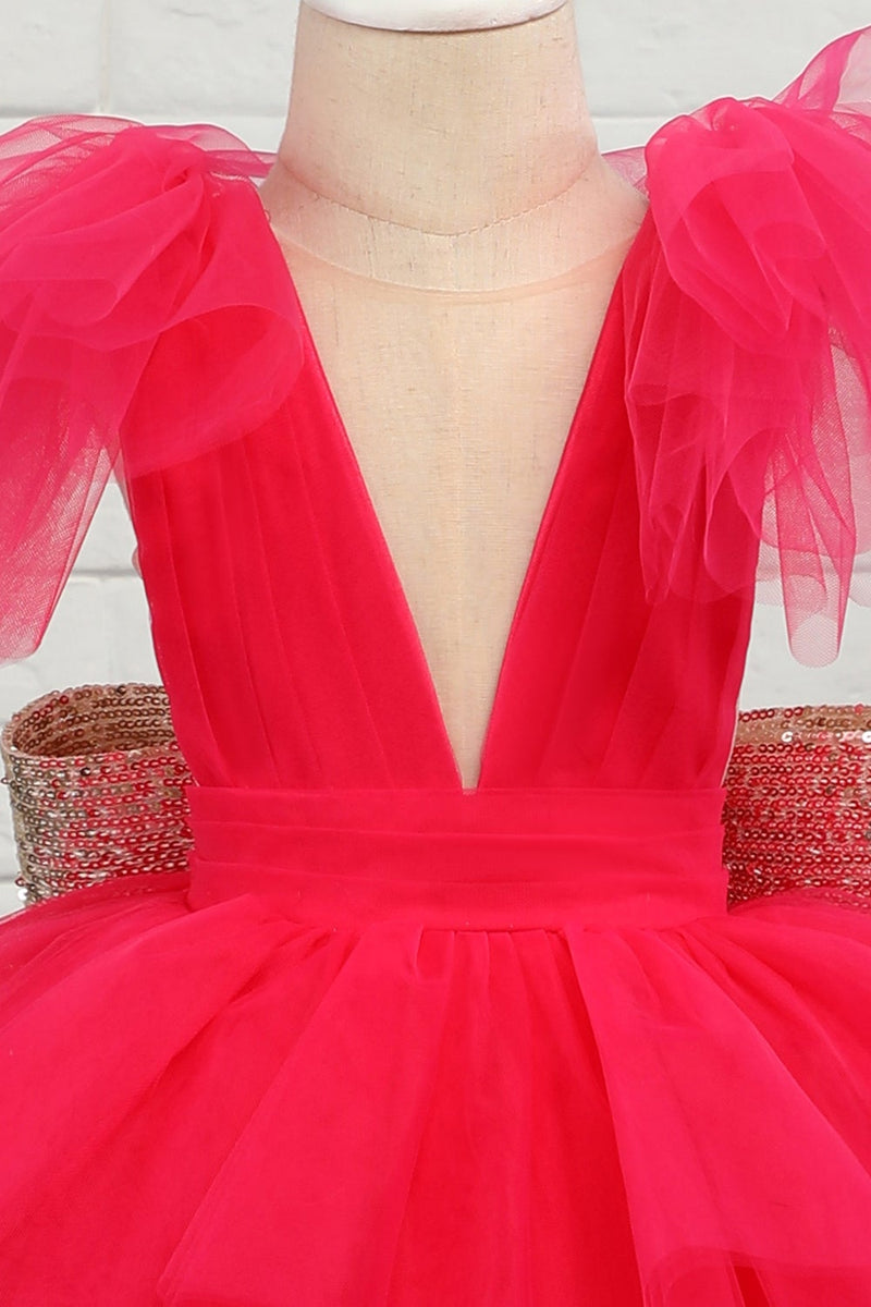 Laden Sie das Bild in den Galerie-Viewer, Fuchsia Tüll Blumenmädchen Kleid mit Pailletten Schleife