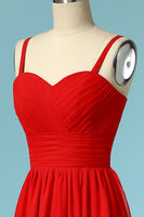 Laden Sie das Bild in den Galerie-Viewer, Langes Rot Chiffon Spaghettiträger Herzausschnitt Ballkleid