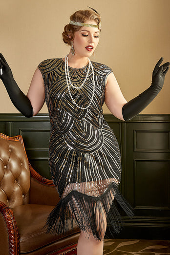 Goldene Pailletten 1920er Jahre Übergröße Kleid mit Fransen