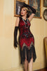 Laden Sie das Bild in den Galerie-Viewer, Rot &amp; Schwarz Glitzer Fransen 1920er Jahre Flapper Kleid