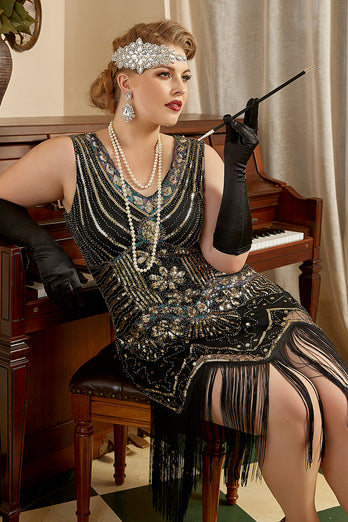Schwarzes 1920er Jahre Übergröße Perlen Pailletten Flapper Kleid