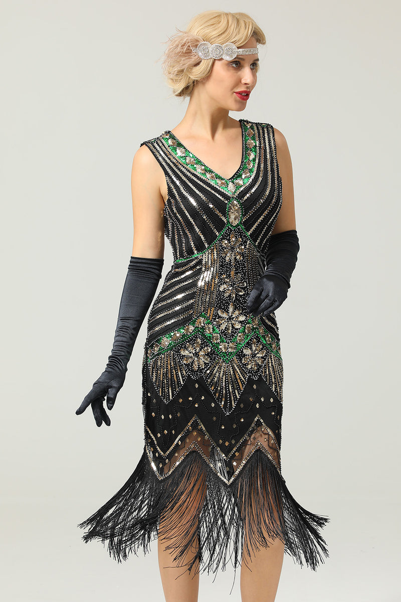 Laden Sie das Bild in den Galerie-Viewer, Schwarz Glitzer Franse 1920er Flapper Kleid