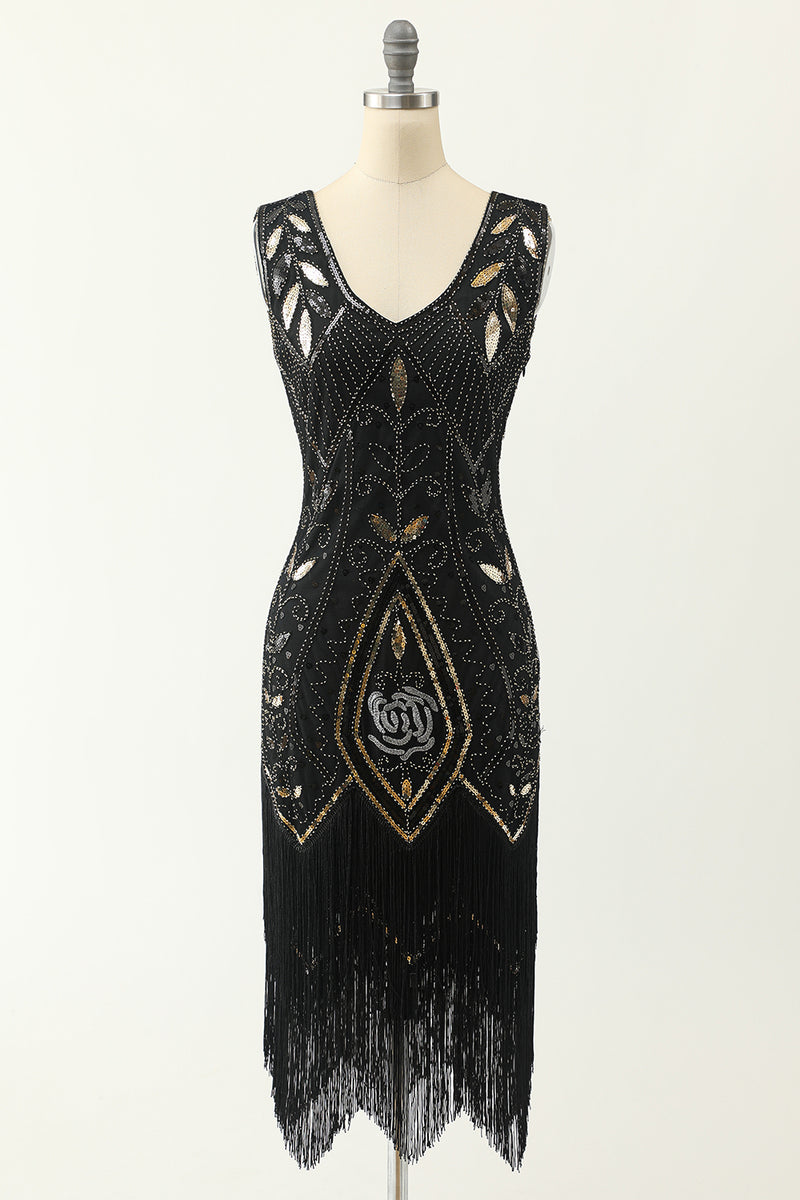 Laden Sie das Bild in den Galerie-Viewer, Dunkelgrün Strass Glitzer Franse 1920er Flapper Kleid